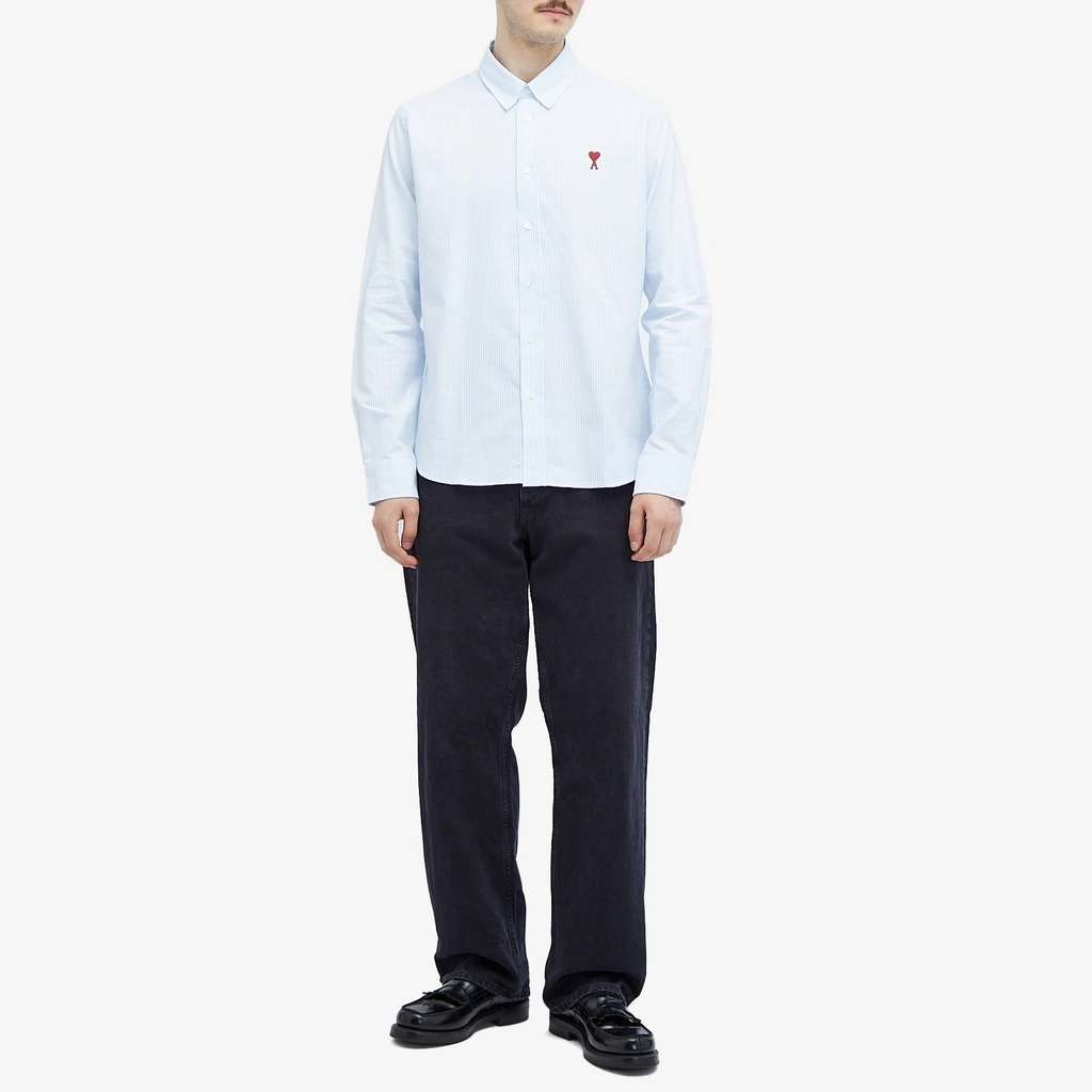AMI Paris Men's Heart Striped Button Down Oxford Shirt Sky Blue/Natural White